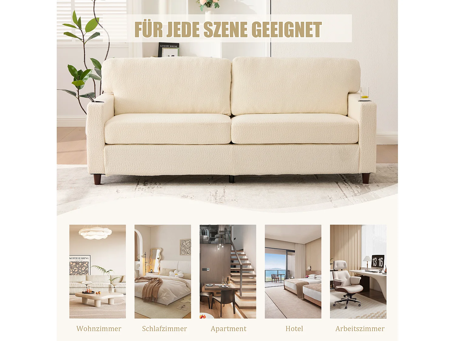 Canapé 2 places moderne - 203 x 77.5 x 85 cm - avec USB-C + Leds + porte-gobelets et poches latérales - velours - Beige