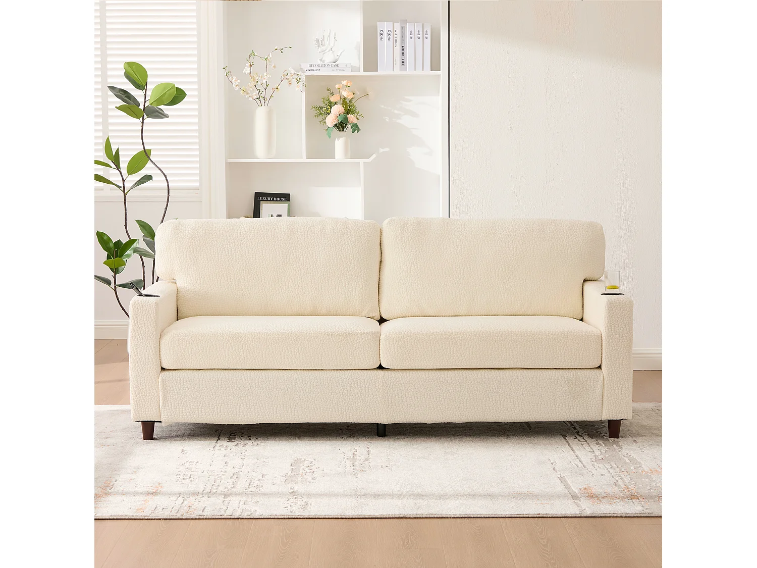 Canapé 2 places moderne - 203 x 77.5 x 85 cm - avec USB-C + Leds + porte-gobelets et poches latérales - velours - Beige