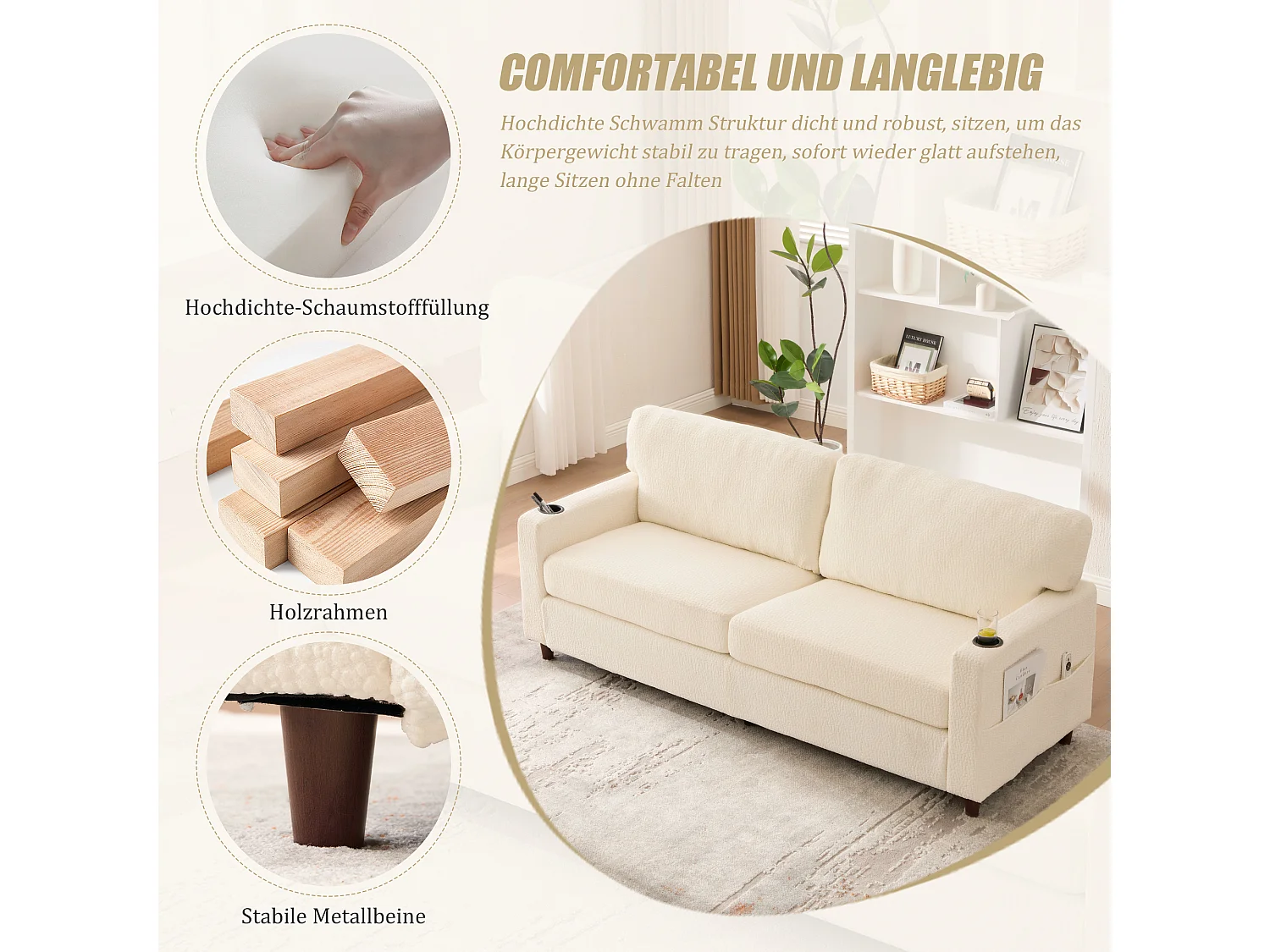Modernes 2-Sitzer-Sofa – 203 x 77,5 x 85 cm – mit USB-C-Anschluss, LED-Beleuchtung, Getränkehaltern und Seitentaschen – Samt – Beige
