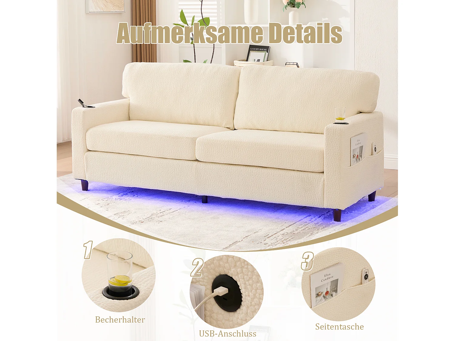 Modernes 2-Sitzer-Sofa – 203 x 77,5 x 85 cm – mit USB-C-Anschluss, LED-Beleuchtung, Getränkehaltern und Seitentaschen – Samt – Beige