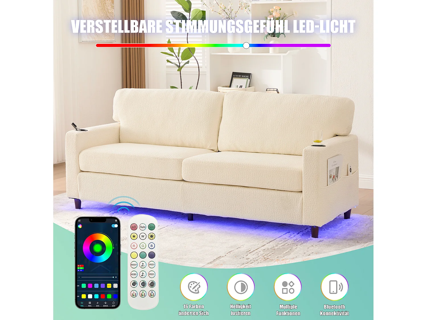 Modernes 2-Sitzer-Sofa – 203 x 77,5 x 85 cm – mit USB-C-Anschluss, LED-Beleuchtung, Getränkehaltern und Seitentaschen – Samt – Beige