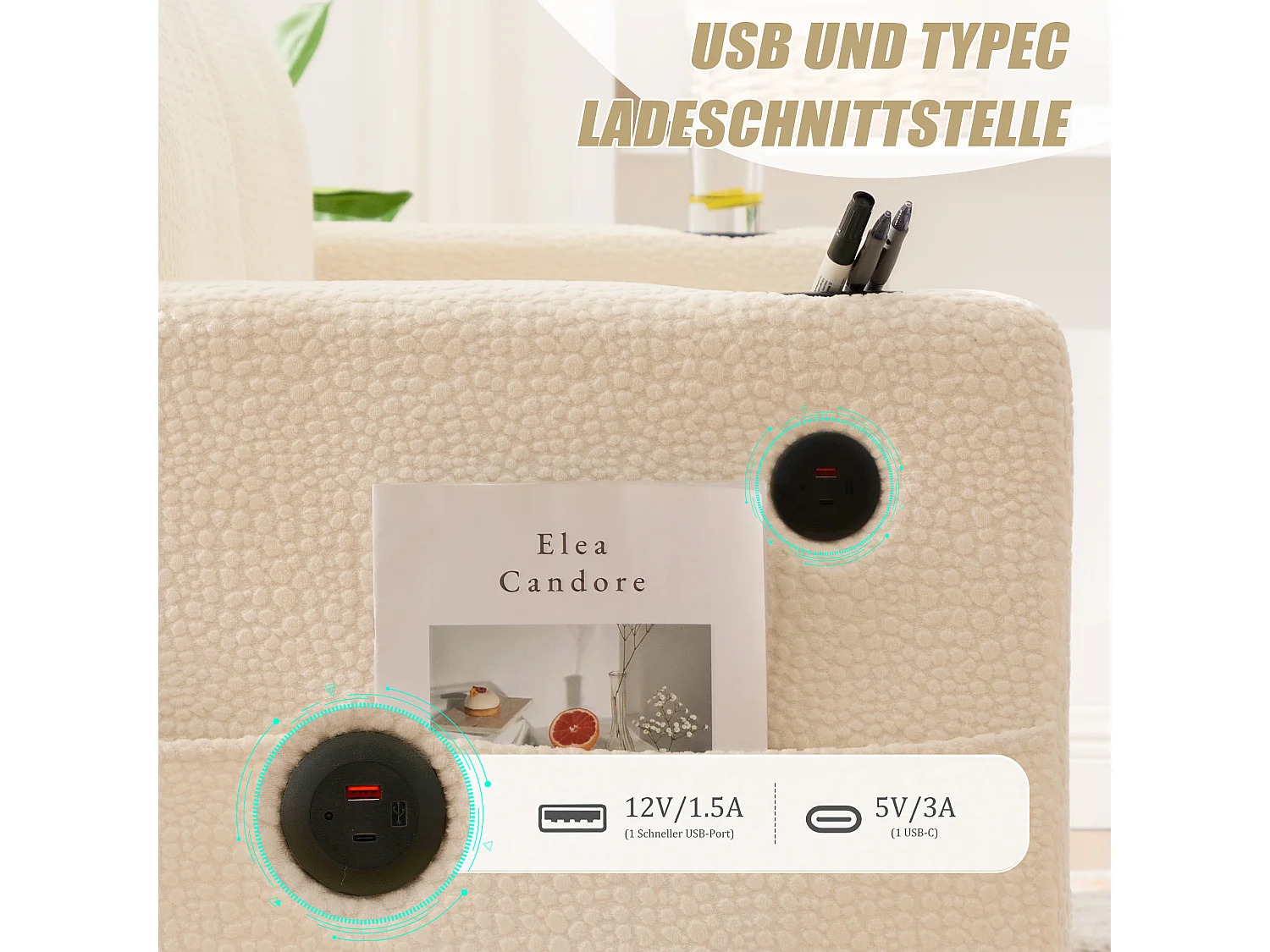 Modernes 2-Sitzer-Sofa – 203 x 77,5 x 85 cm – mit USB-C-Anschluss, LED-Beleuchtung, Getränkehaltern und Seitentaschen – Samt – Beige