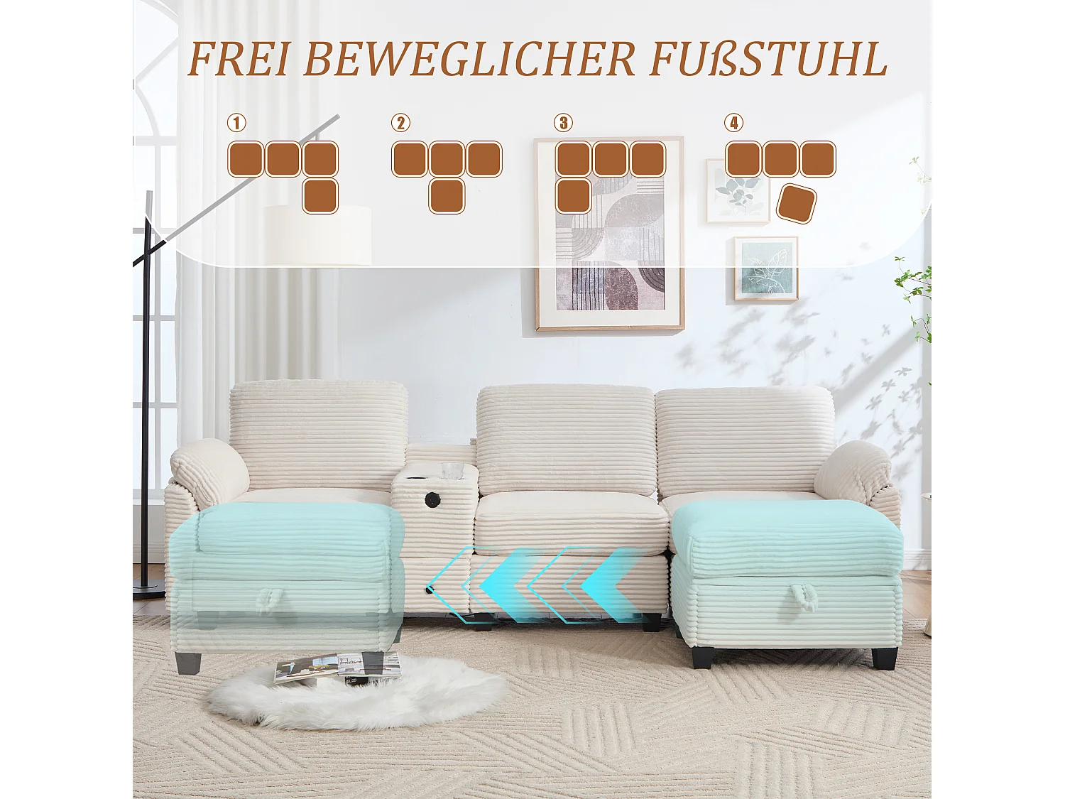 Canapé 3 places moderne - 266 x 136 x 82 cm - avec 2 porte-gobelets + USB-C + tiroir + pouf de rangement amovible - velours - beige