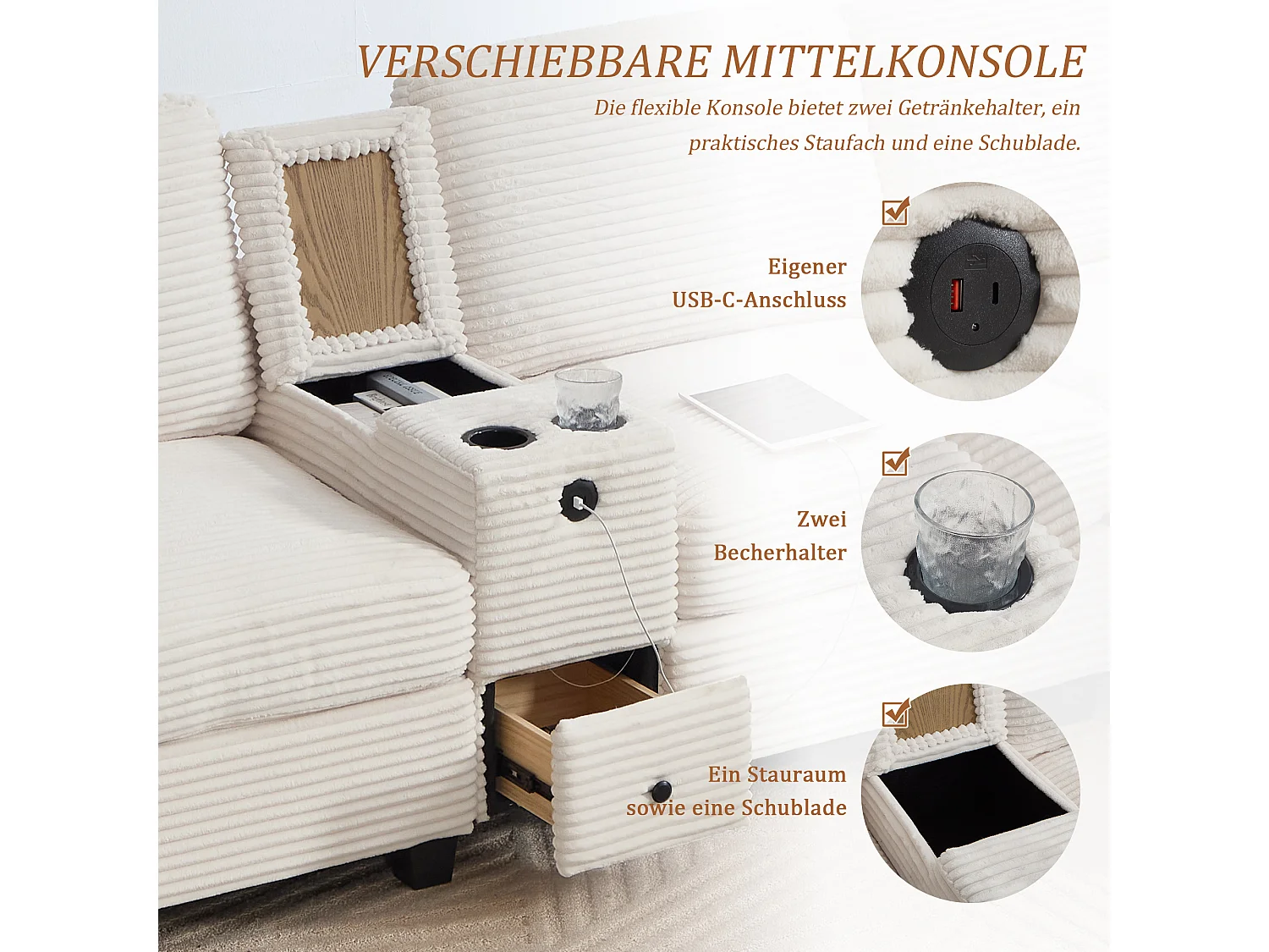 Canapé 3 places moderne - 266 x 136 x 82 cm - avec 2 porte-gobelets + USB-C + tiroir + pouf de rangement amovible - velours - beige