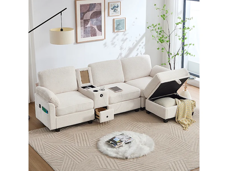 Moderne 3-zitsbank - 266 x 136 x 82 cm - met 2 bekerhouders + USB-C-aansluiting + lade + uitneembare opbergpoef - fluweel - beige