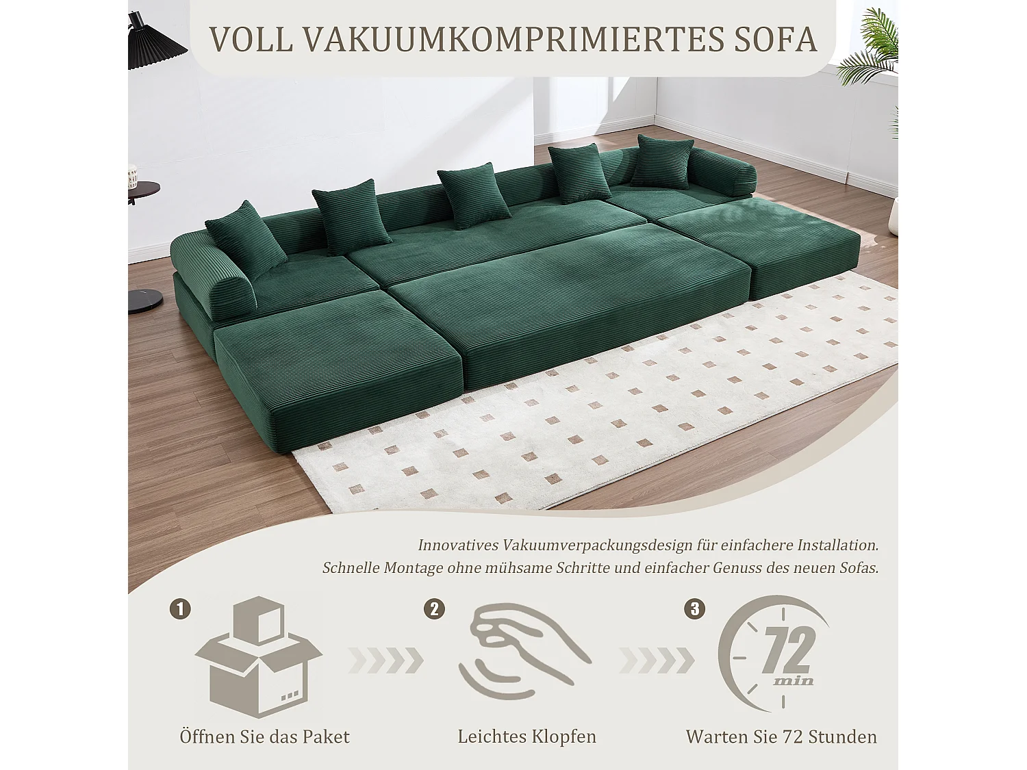 Canapé convertible 4 places - 270 x 180 x 64 cm -  modules combinables à volonté - velours - vert