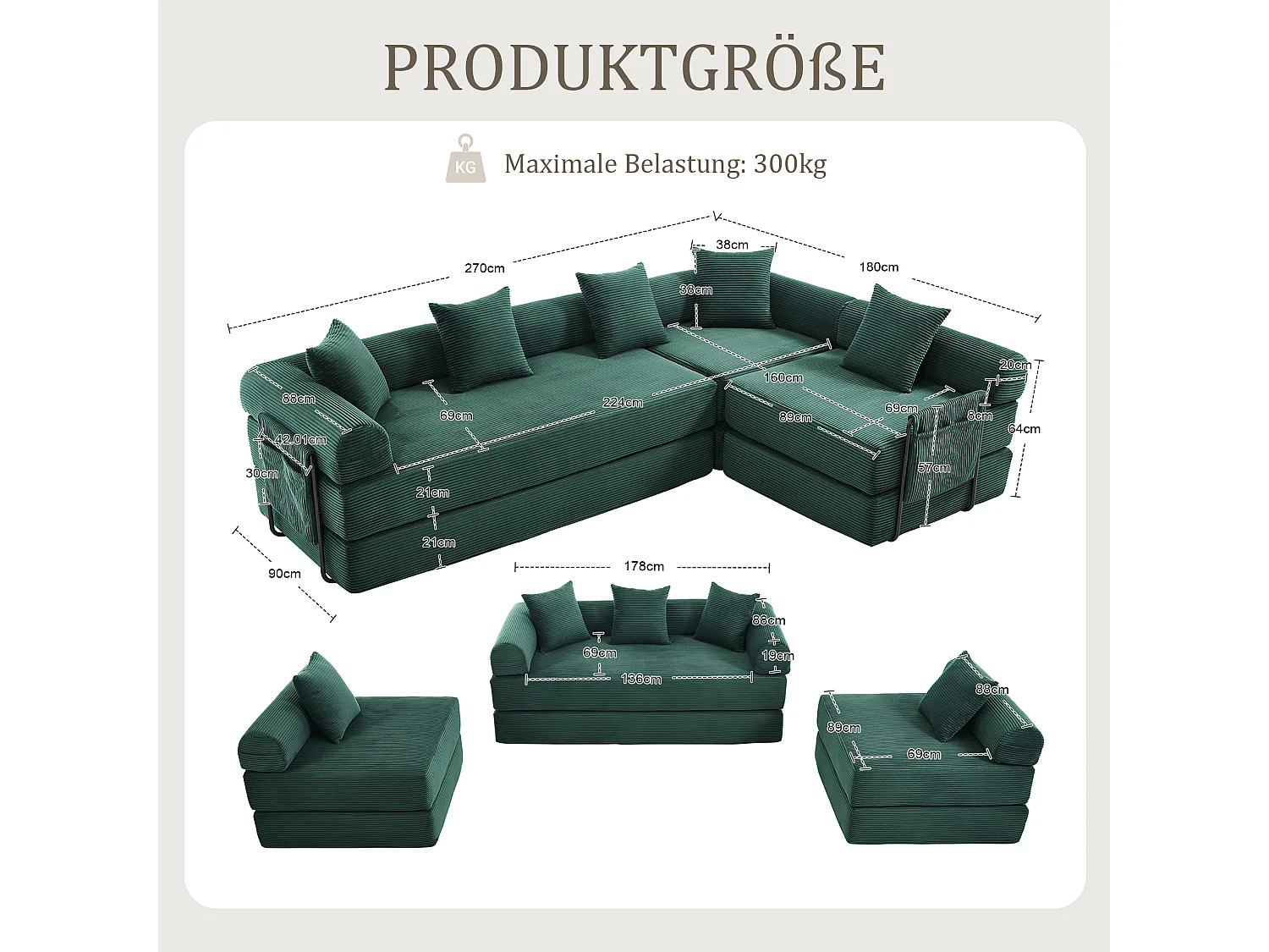 Canapé convertible 4 places - 270 x 180 x 64 cm -  modules combinables à volonté - velours - vert