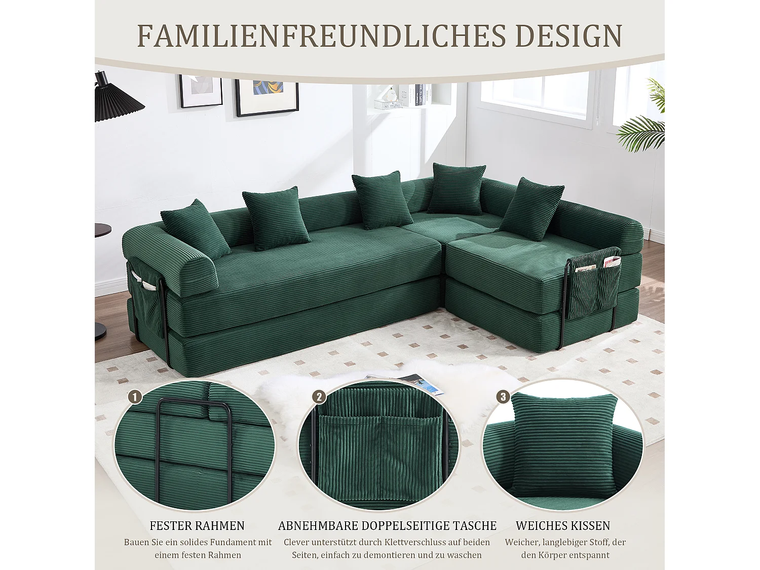 Canapé convertible 4 places - 270 x 180 x 64 cm -  modules combinables à volonté - velours - vert