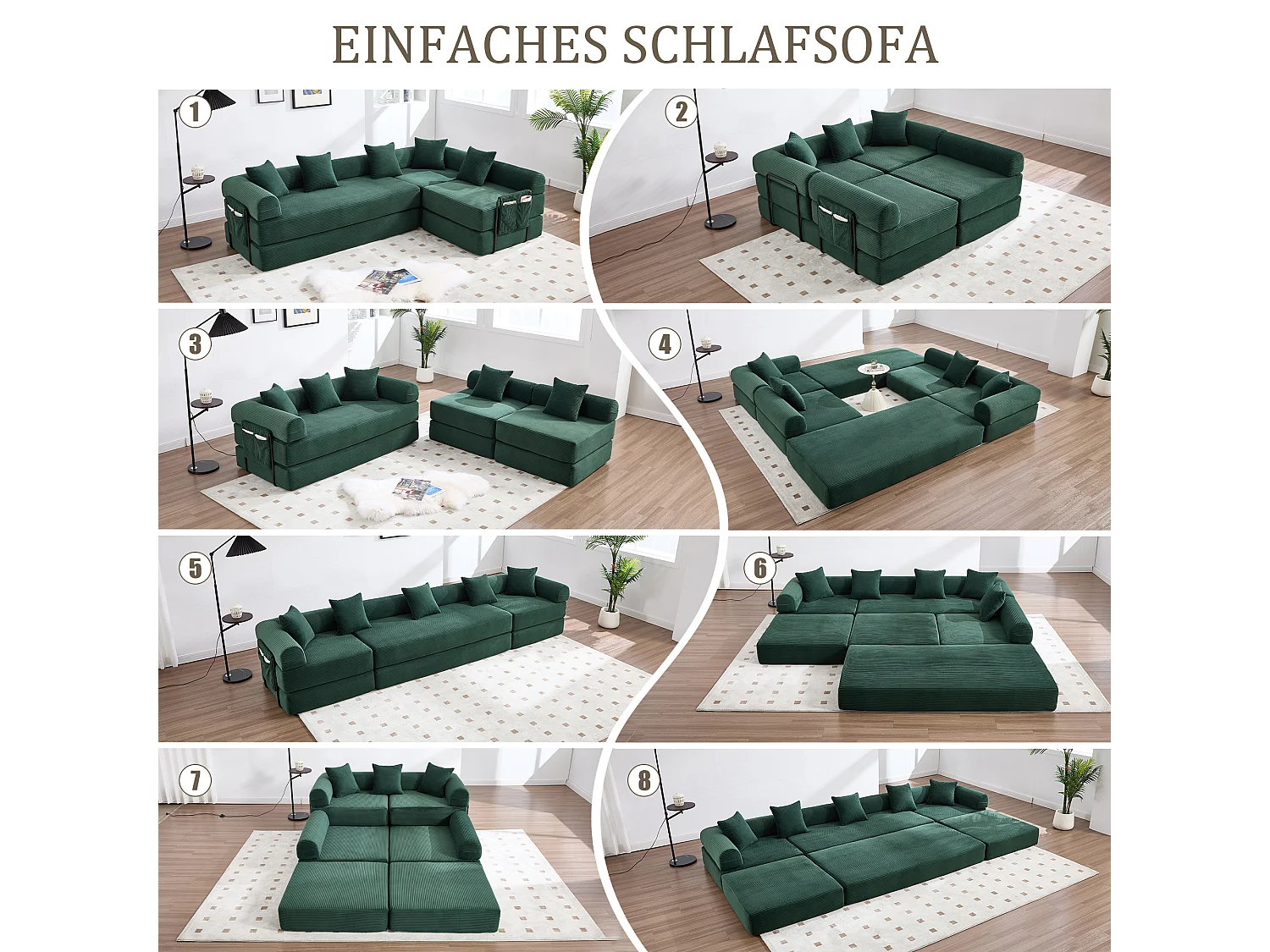 Canapé convertible 4 places - 270 x 180 x 64 cm -  modules combinables à volonté - velours - vert