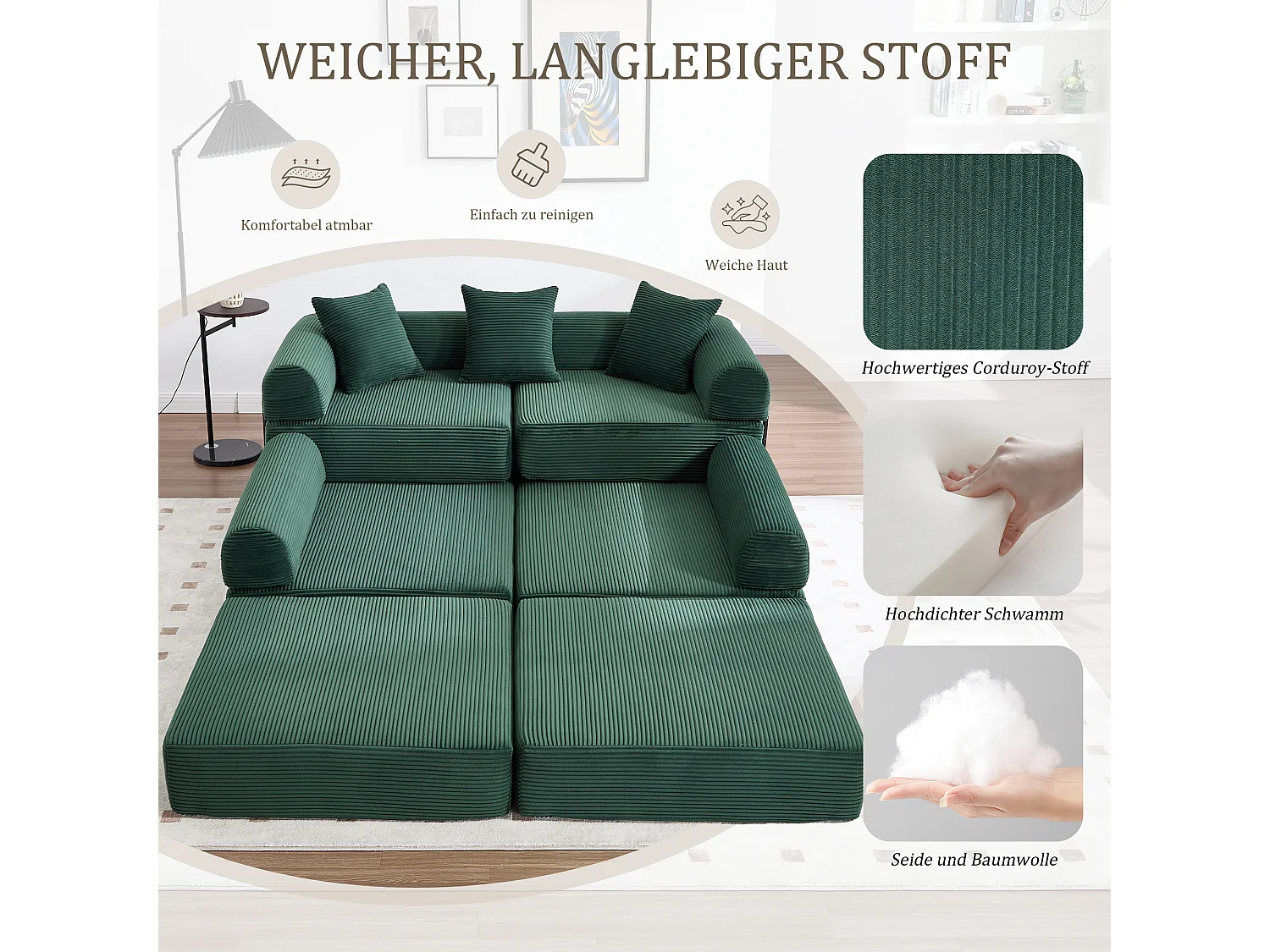 Canapé convertible 4 places - 270 x 180 x 64 cm -  modules combinables à volonté - velours - vert