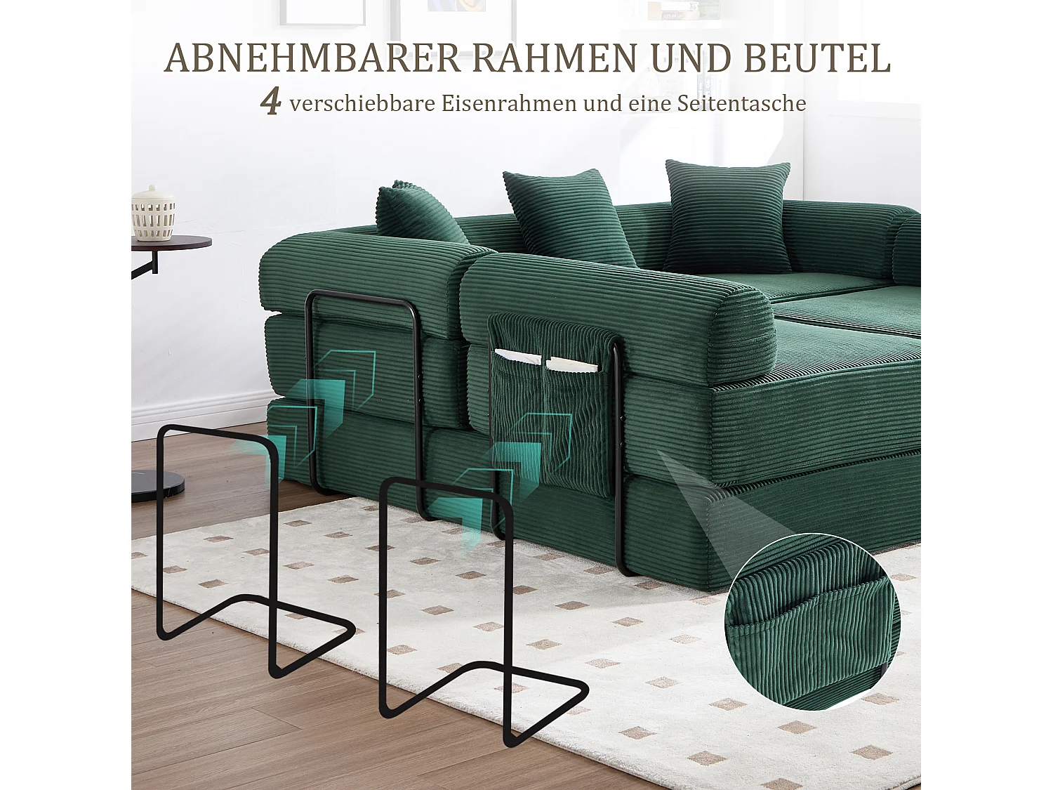 Canapé convertible 4 places - 270 x 180 x 64 cm -  modules combinables à volonté - velours - vert