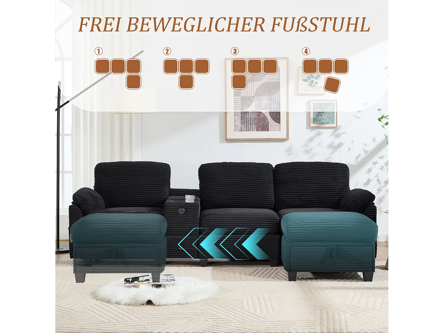 Modernes 3-Sitzer-Sofa – 266 x 136 x 82 cm – mit 2 Getränkehaltern, USB-C-Anschluss, Schublade und abnehmbarem Aufbewahrungshocker – Samt – schwarz