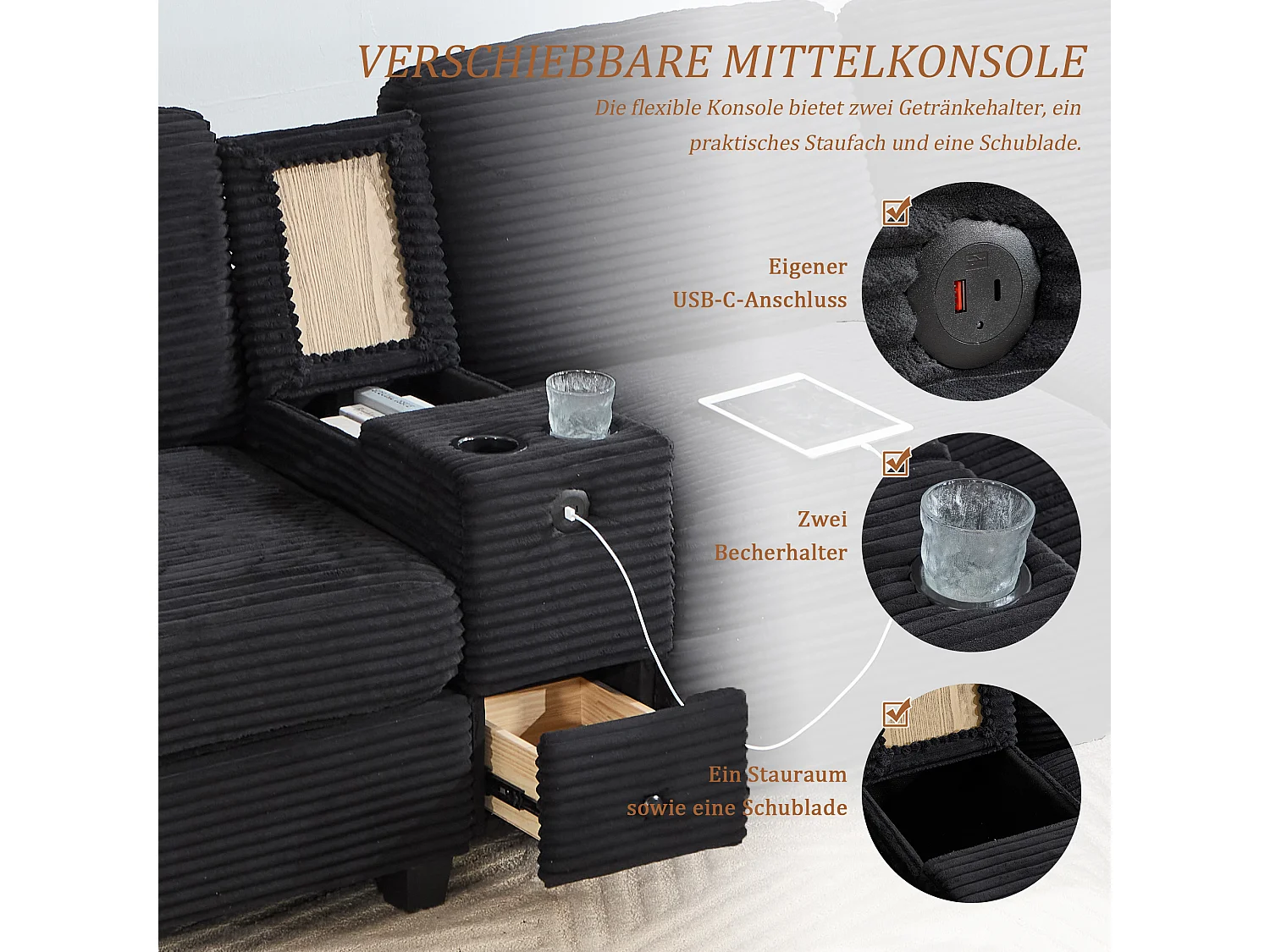 Modernes 3-Sitzer-Sofa – 266 x 136 x 82 cm – mit 2 Getränkehaltern, USB-C-Anschluss, Schublade und abnehmbarem Aufbewahrungshocker – Samt – schwarz