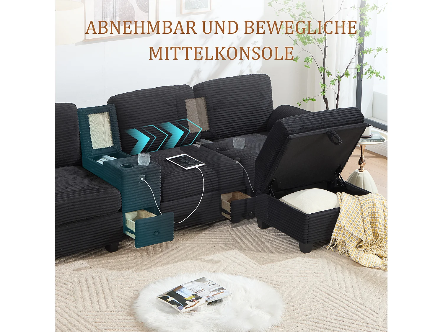 Modernes 3-Sitzer-Sofa – 266 x 136 x 82 cm – mit 2 Getränkehaltern, USB-C-Anschluss, Schublade und abnehmbarem Aufbewahrungshocker – Samt – schwarz