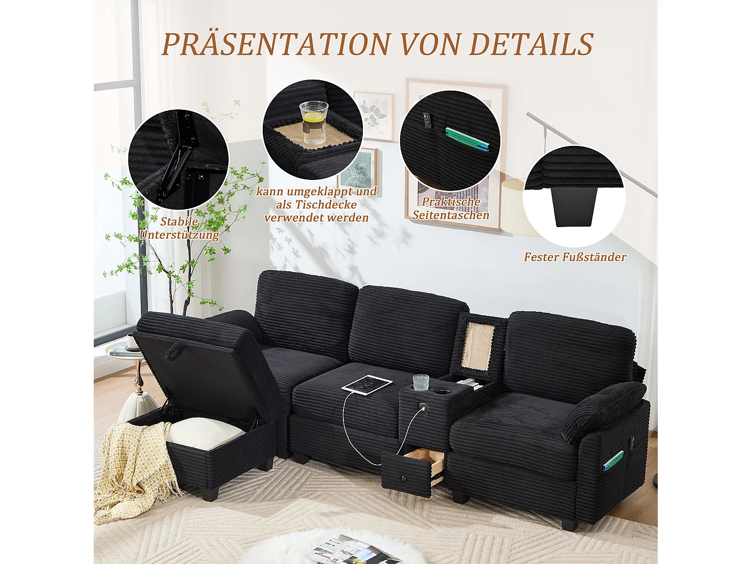Modernes 3-Sitzer-Sofa – 266 x 136 x 82 cm – mit 2 Getränkehaltern, USB-C-Anschluss, Schublade und abnehmbarem Aufbewahrungshocker – Samt – schwarz