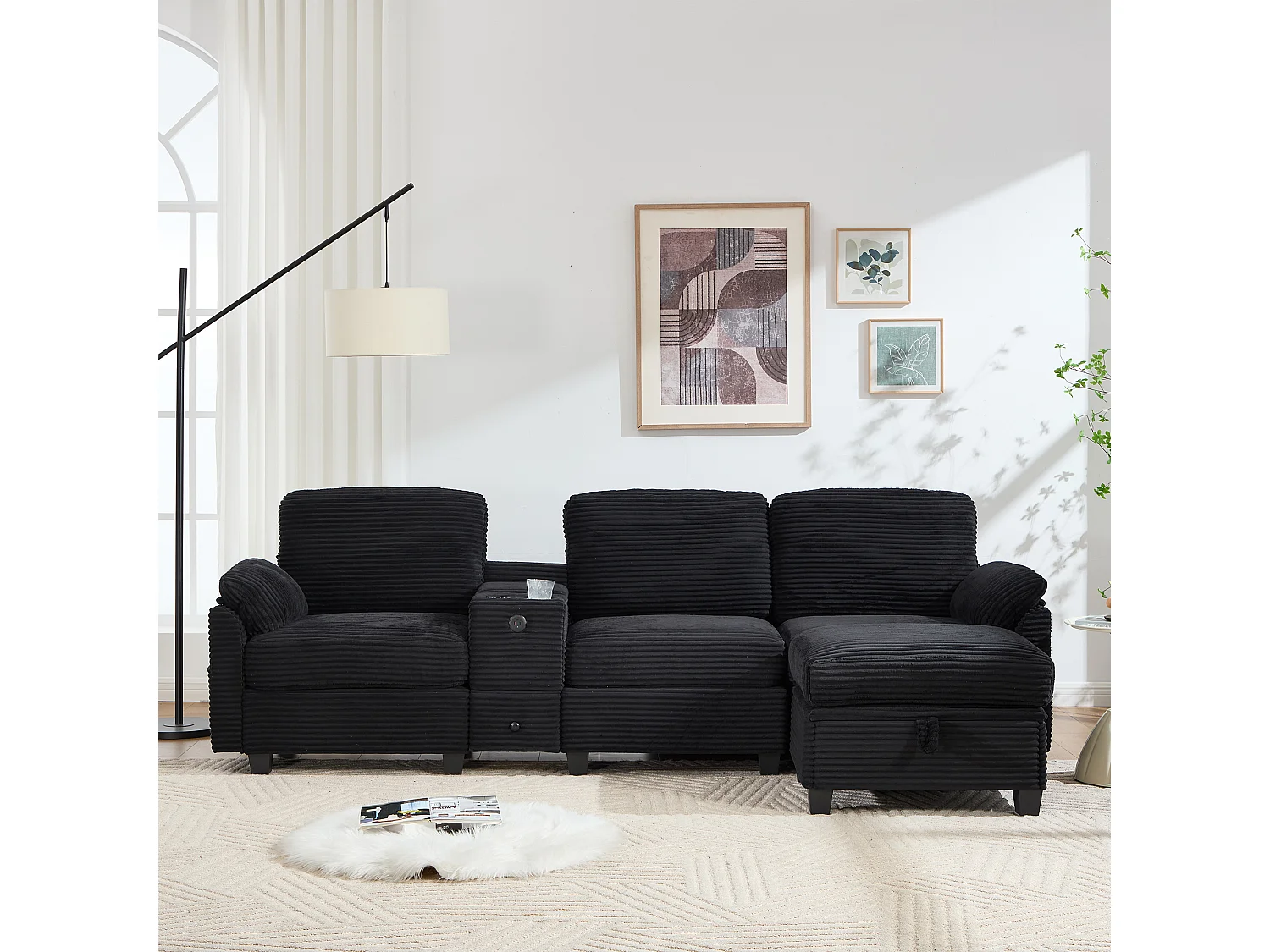 Modernes 3-Sitzer-Sofa – 266 x 136 x 82 cm – mit 2 Getränkehaltern, USB-C-Anschluss, Schublade und abnehmbarem Aufbewahrungshocker – Samt – schwarz