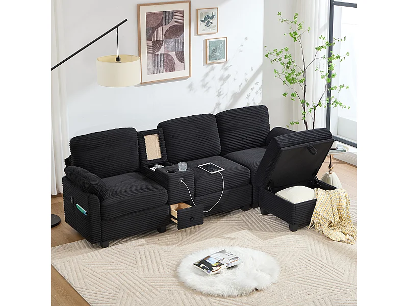Canapé 3 places moderne - 266 x 136 x 82 cm - avec 2 porte-gobelets + USB-C + tiroir + pouf de rangement amovible - velours - noir