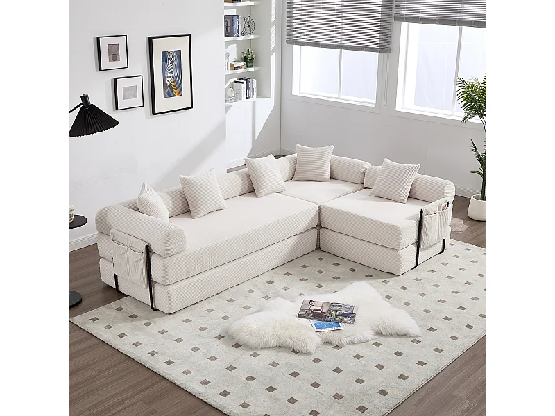 Canapé convertible 4 places - 270 x 180 x 64 cm -  modules combinables à volonté - velours - beige