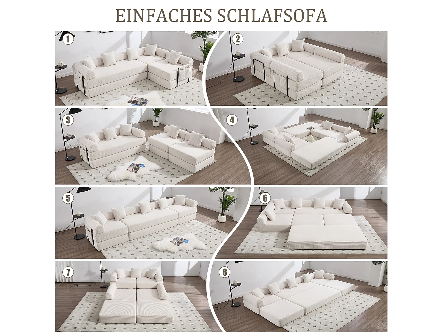 Canapé convertible 4 places - 270 x 180 x 64 cm -  modules combinables à volonté - velours - beige