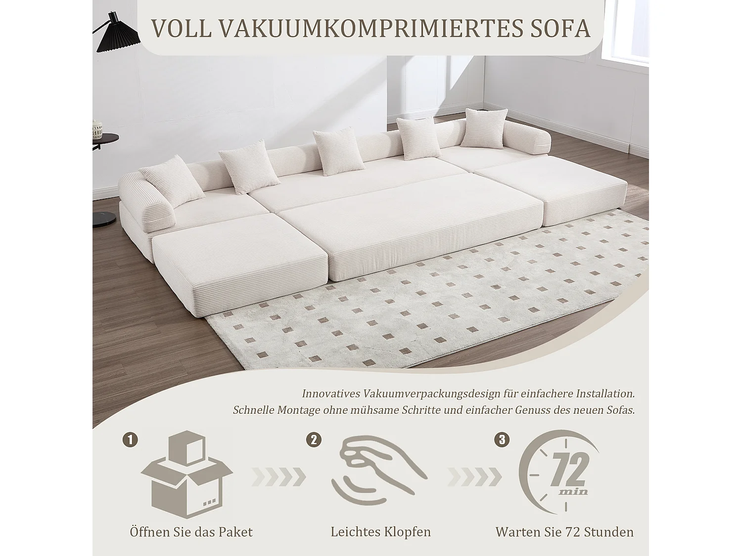 Canapé convertible 4 places - 270 x 180 x 64 cm -  modules combinables à volonté - velours - beige