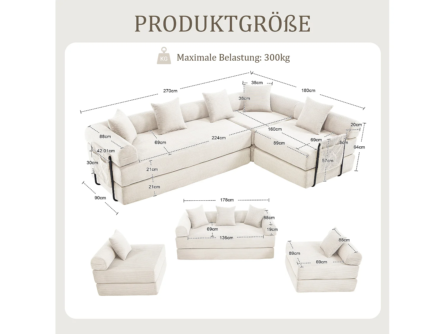 Canapé convertible 4 places - 270 x 180 x 64 cm -  modules combinables à volonté - velours - beige