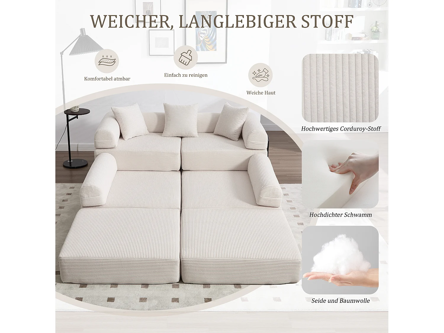 Canapé convertible 4 places - 270 x 180 x 64 cm -  modules combinables à volonté - velours - beige