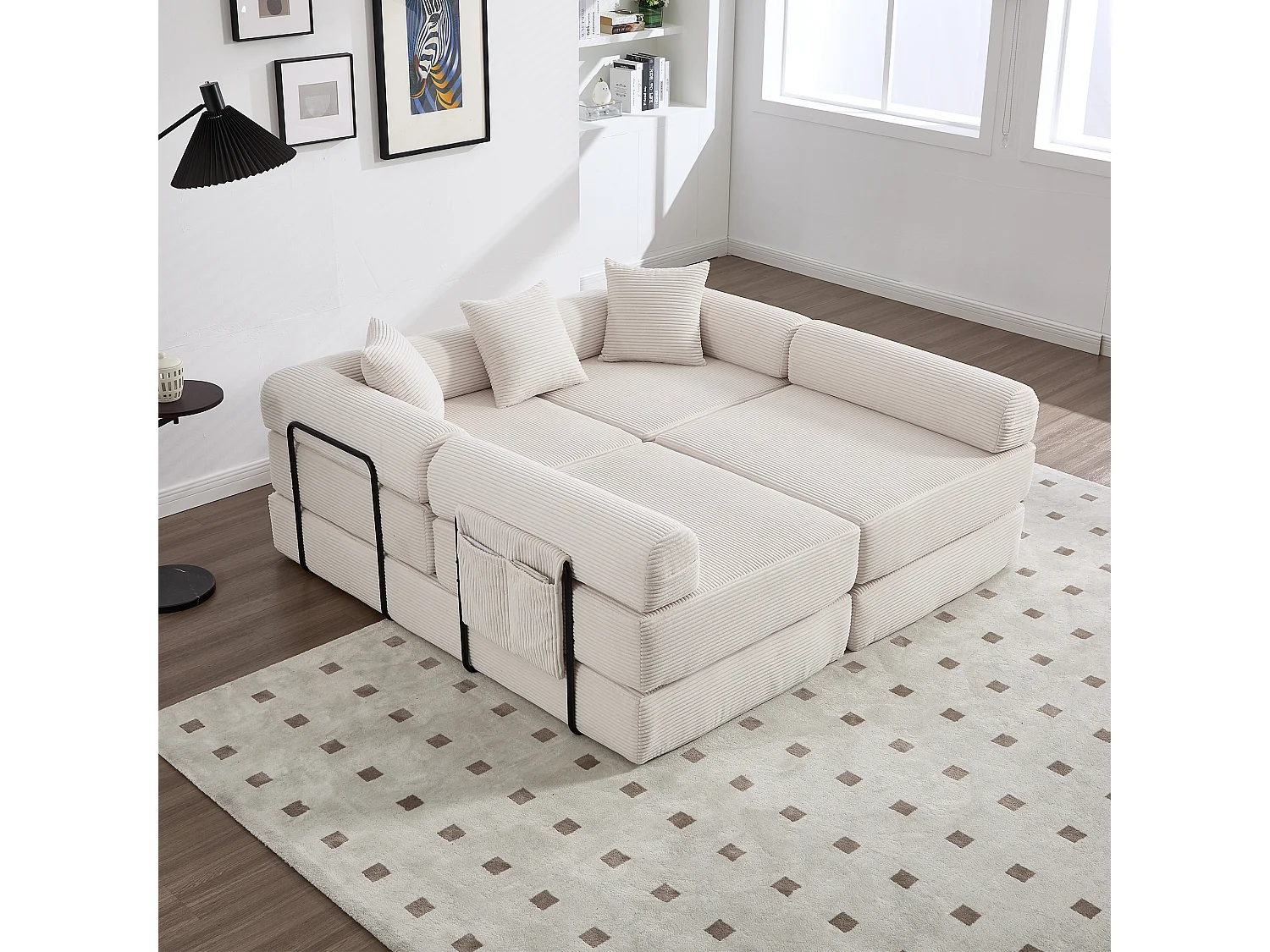 Canapé convertible 4 places - 270 x 180 x 64 cm -  modules combinables à volonté - velours - beige