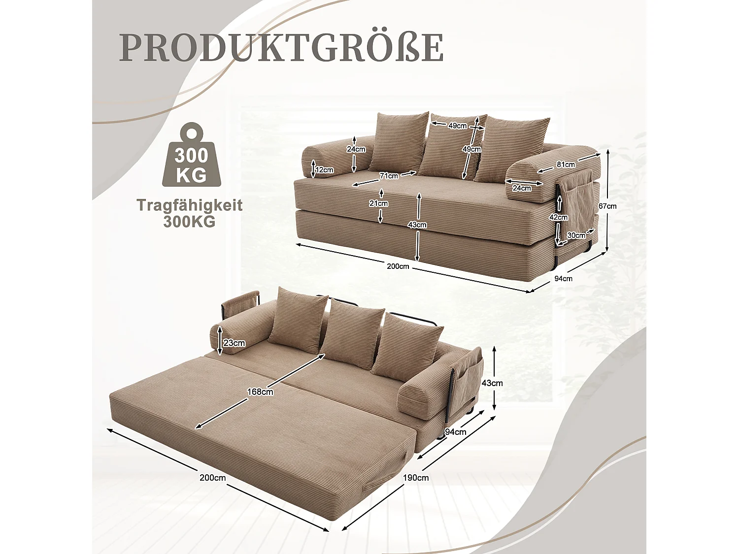 Divano letto 3 posti - 200 x 94 x 67 cm - con tasche laterali + 3 cuscini - velluto - kaki