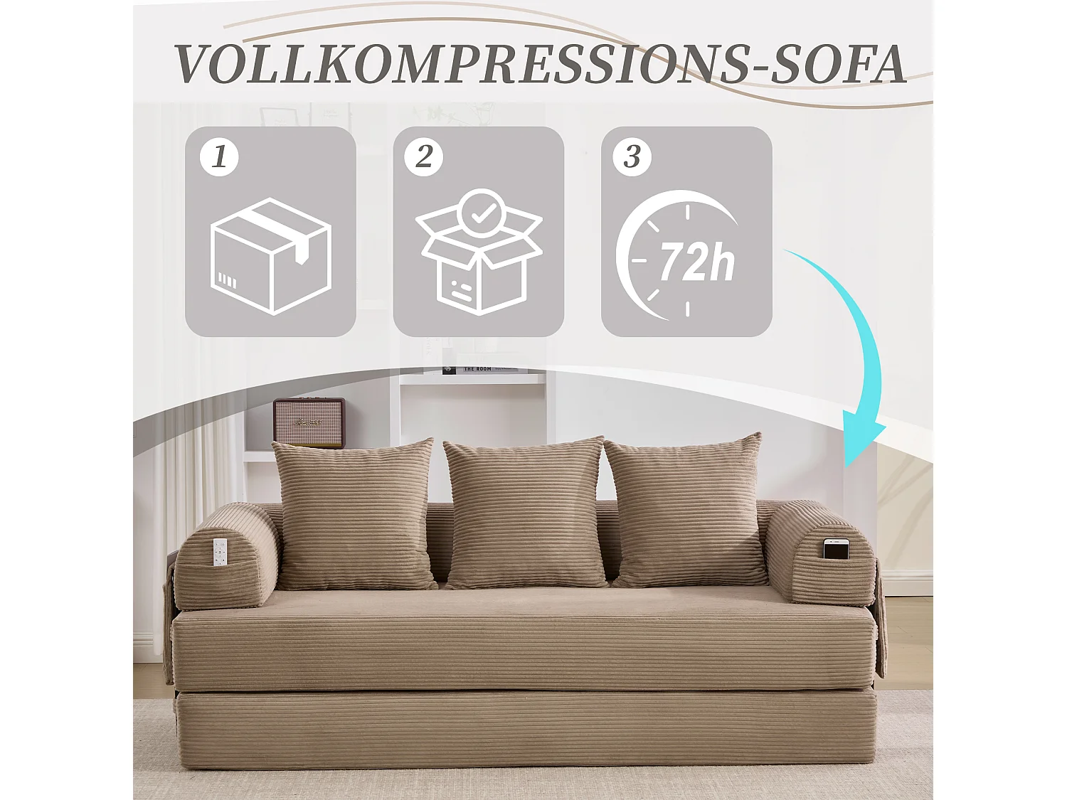 Divano letto 3 posti - 200 x 94 x 67 cm - con tasche laterali + 3 cuscini - velluto - kaki