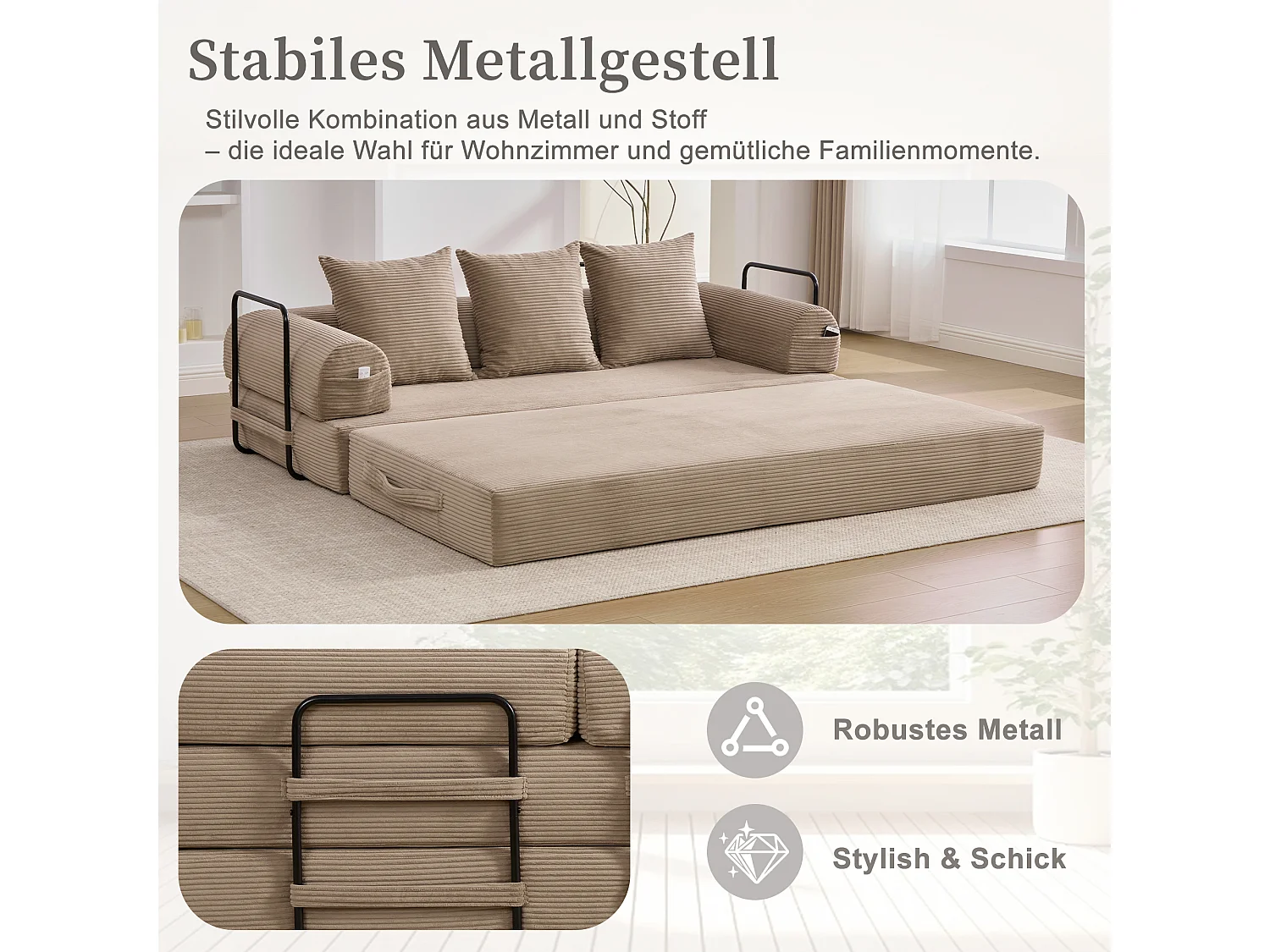 Divano letto 3 posti - 200 x 94 x 67 cm - con tasche laterali + 3 cuscini - velluto - kaki