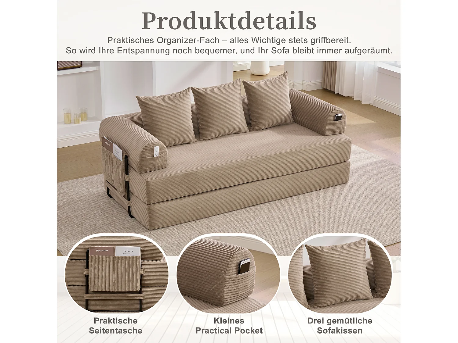 Divano letto 3 posti - 200 x 94 x 67 cm - con tasche laterali + 3 cuscini - velluto - kaki