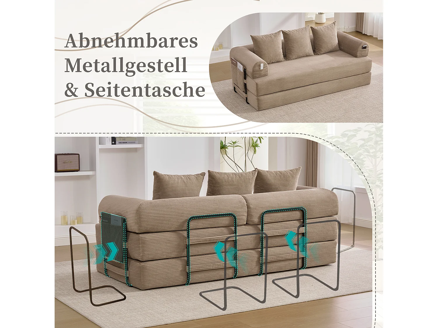 Divano letto 3 posti - 200 x 94 x 67 cm - con tasche laterali + 3 cuscini - velluto - kaki