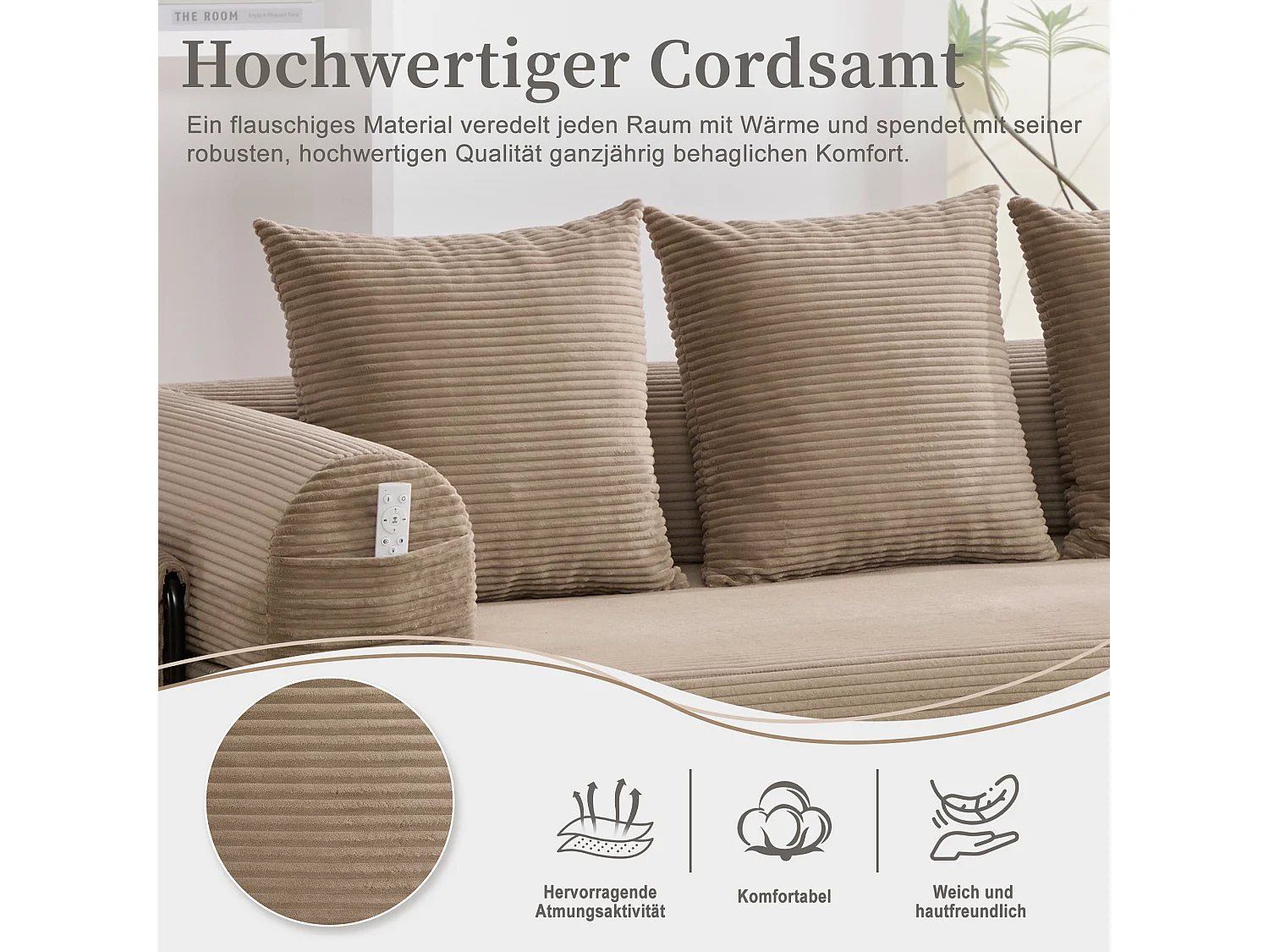 Divano letto 3 posti - 200 x 94 x 67 cm - con tasche laterali + 3 cuscini - velluto - kaki