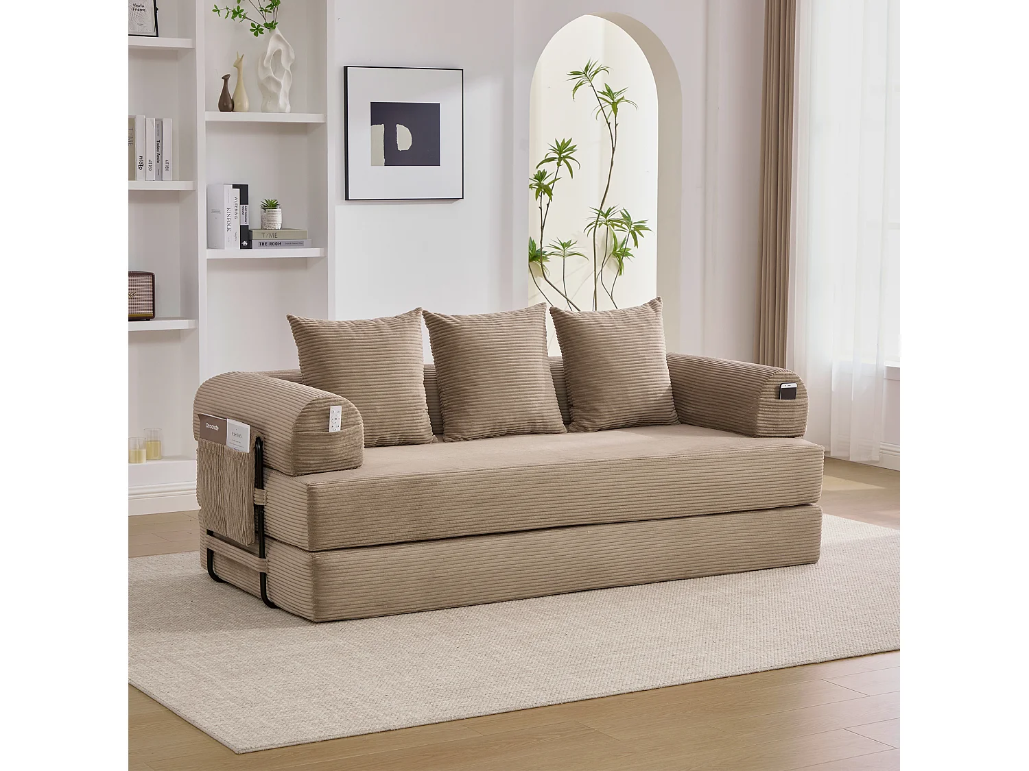 Divano letto 3 posti - 200 x 94 x 67 cm - con tasche laterali + 3 cuscini - velluto - kaki