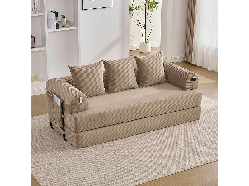 Divano letto 3 posti - 200 x 94 x 67 cm - con tasche laterali + 3 cuscini - velluto - kaki