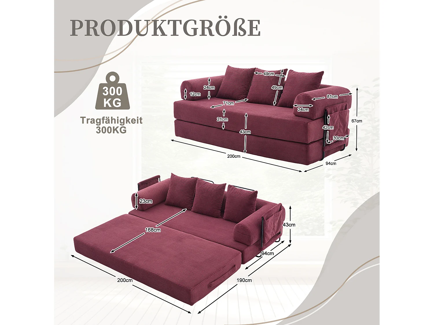 Canapé convertible 3 places - 200 x 94 x 67 cm - avec poches latérales + 3 coussins - velours - rouge