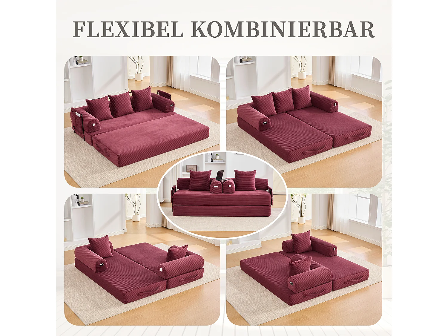 Canapé convertible 3 places - 200 x 94 x 67 cm - avec poches latérales + 3 coussins - velours - rouge