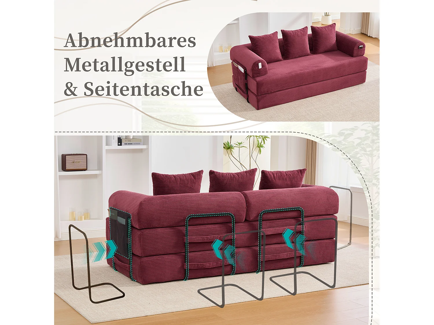 Canapé convertible 3 places - 200 x 94 x 67 cm - avec poches latérales + 3 coussins - velours - rouge