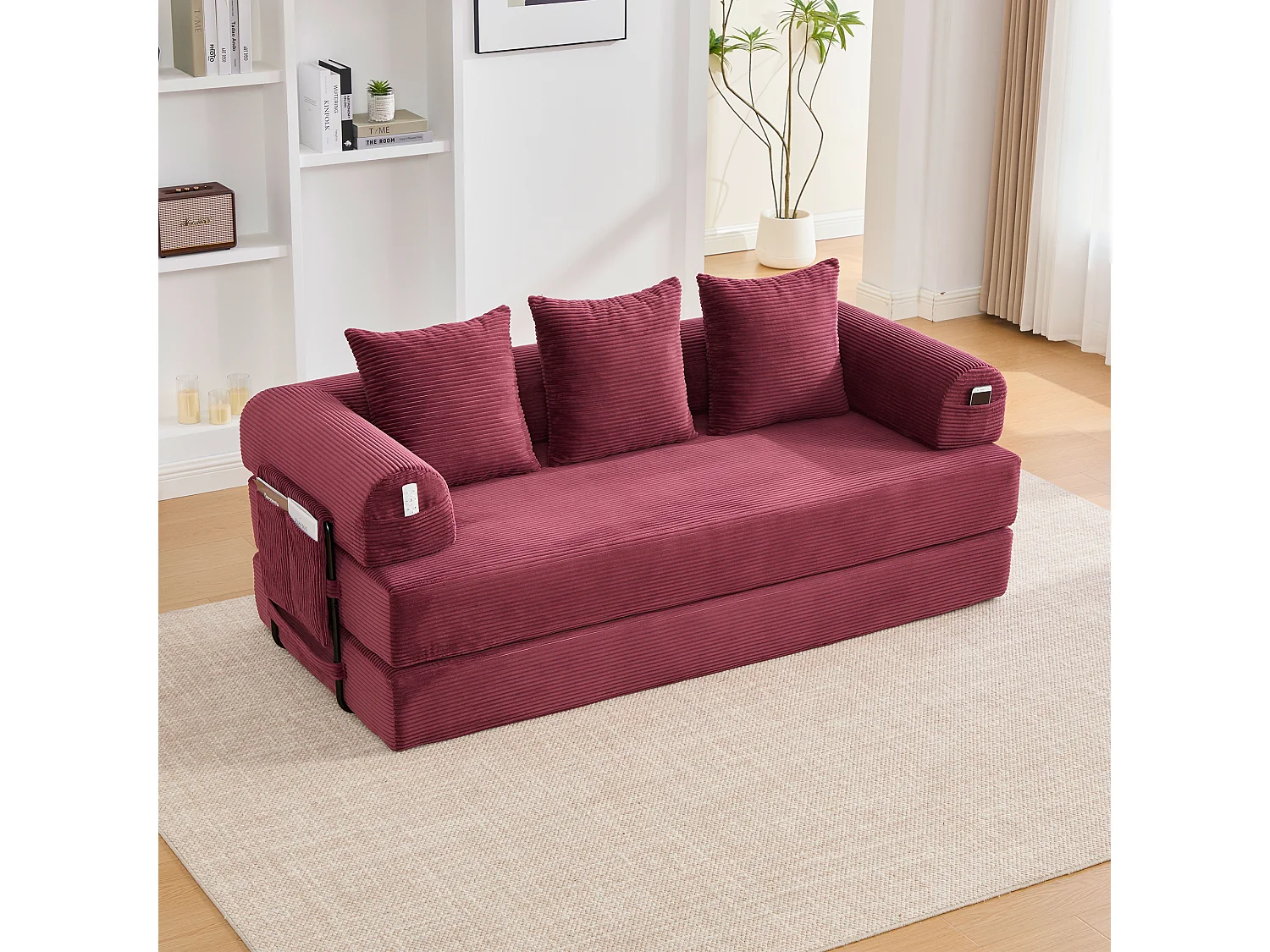 Canapé convertible 3 places - 200 x 94 x 67 cm - avec poches latérales + 3 coussins - velours - rouge
