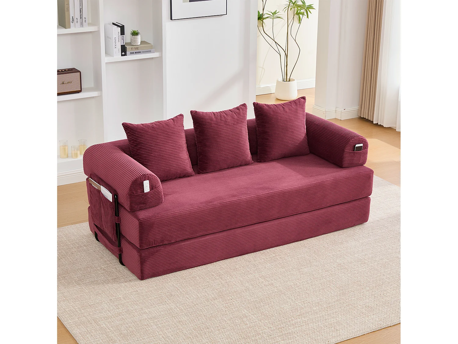 3-personers sovesofa - 200 x 94 x 67 cm - med sidelommer + 3 hynder - fløjl - rød