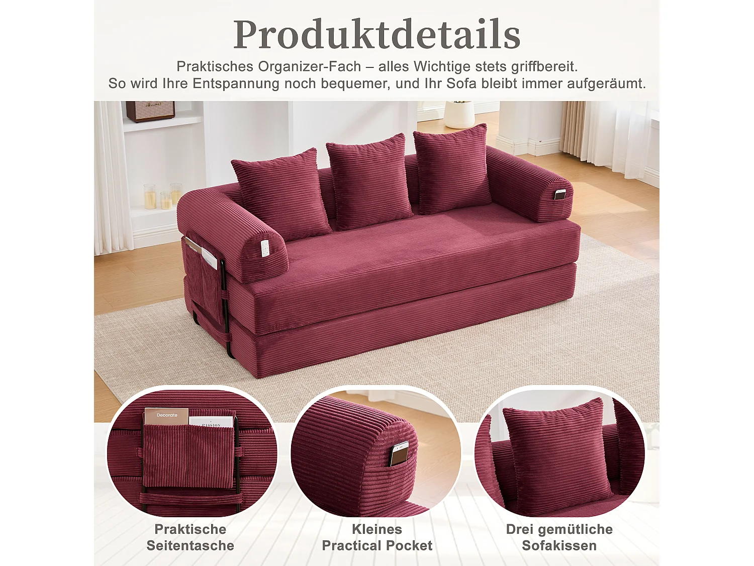 3-personers sovesofa - 200 x 94 x 67 cm - med sidelommer + 3 hynder - fløjl - rød