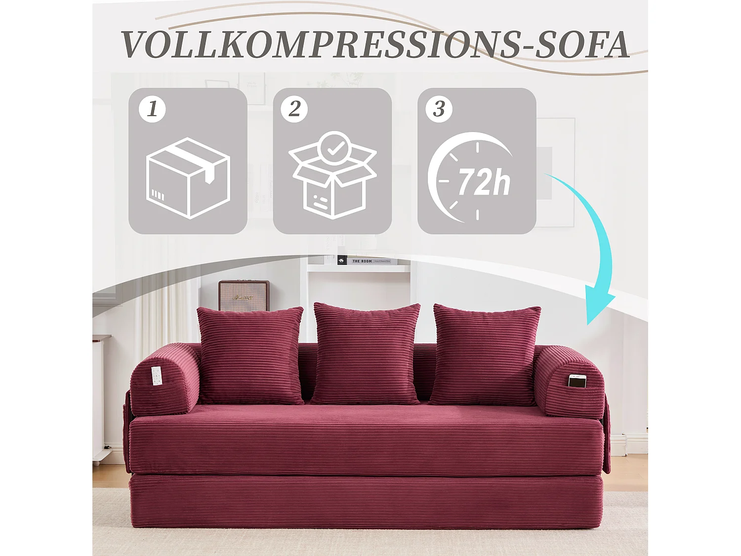 3-personers sovesofa - 200 x 94 x 67 cm - med sidelommer + 3 hynder - fløjl - rød