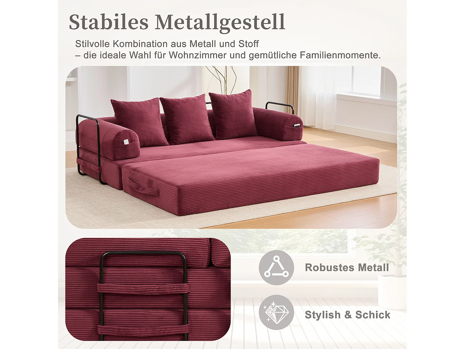 3-personers sovesofa - 200 x 94 x 67 cm - med sidelommer + 3 hynder - fløjl - rød