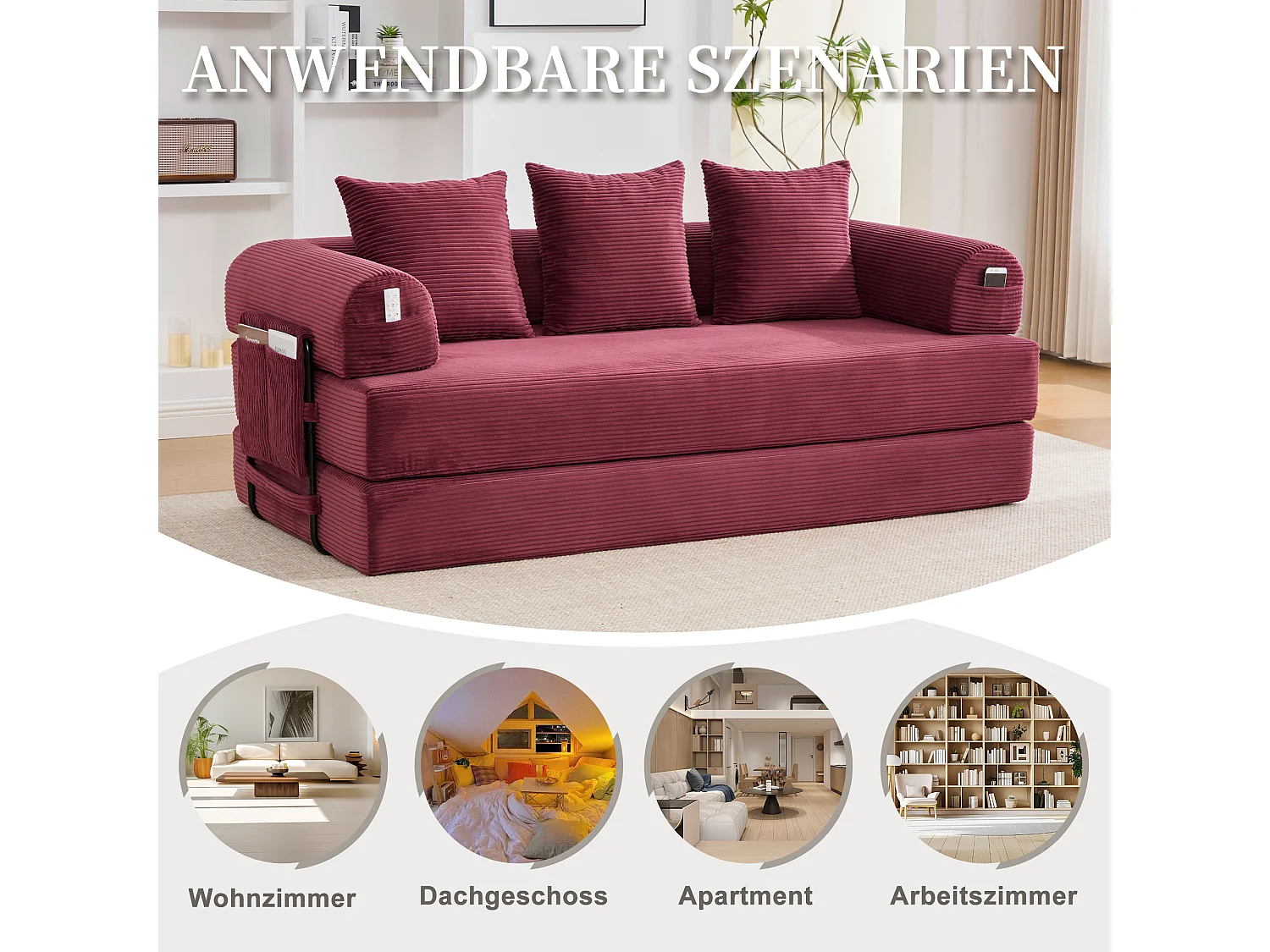 3-personers sovesofa - 200 x 94 x 67 cm - med sidelommer + 3 hynder - fløjl - rød