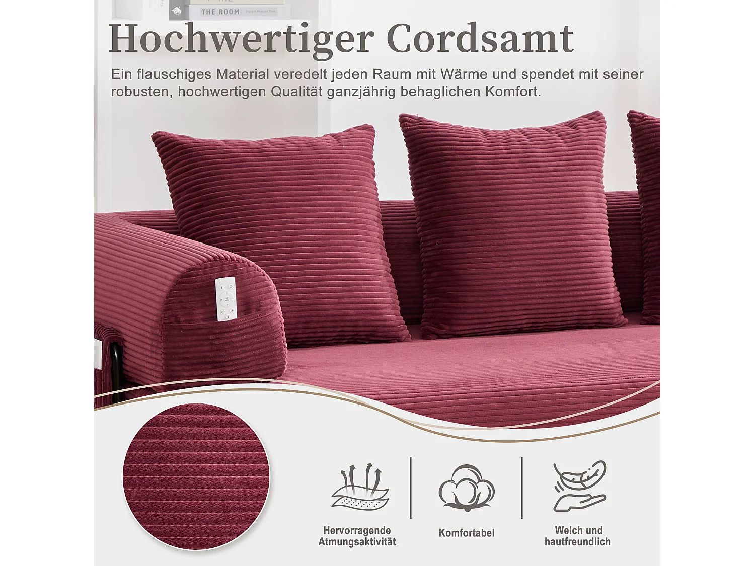 3-personers sovesofa - 200 x 94 x 67 cm - med sidelommer + 3 hynder - fløjl - rød