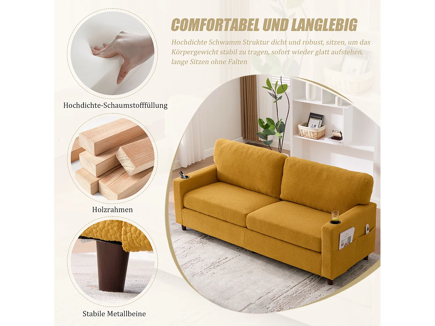 Canapé 2 places moderne - 203 x 77.5 x 85 cm - avec USB-C + Leds + porte-gobelets et poches latérales - velours - Jaune