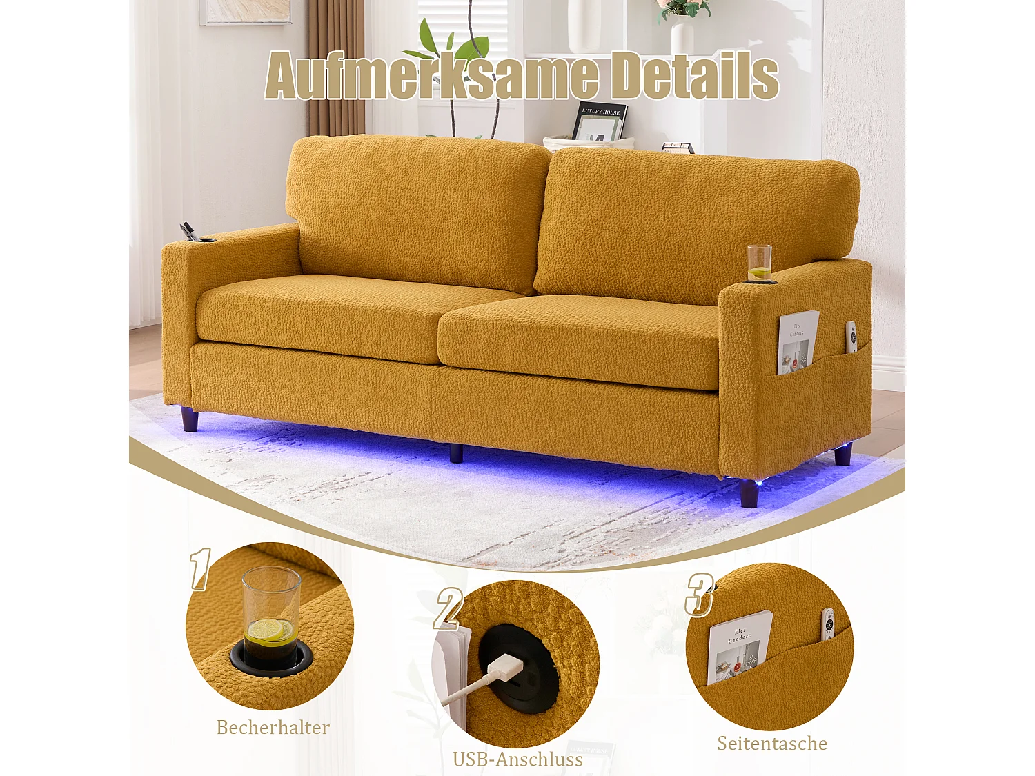 Canapé 2 places moderne - 203 x 77.5 x 85 cm - avec USB-C + Leds + porte-gobelets et poches latérales - velours - Jaune