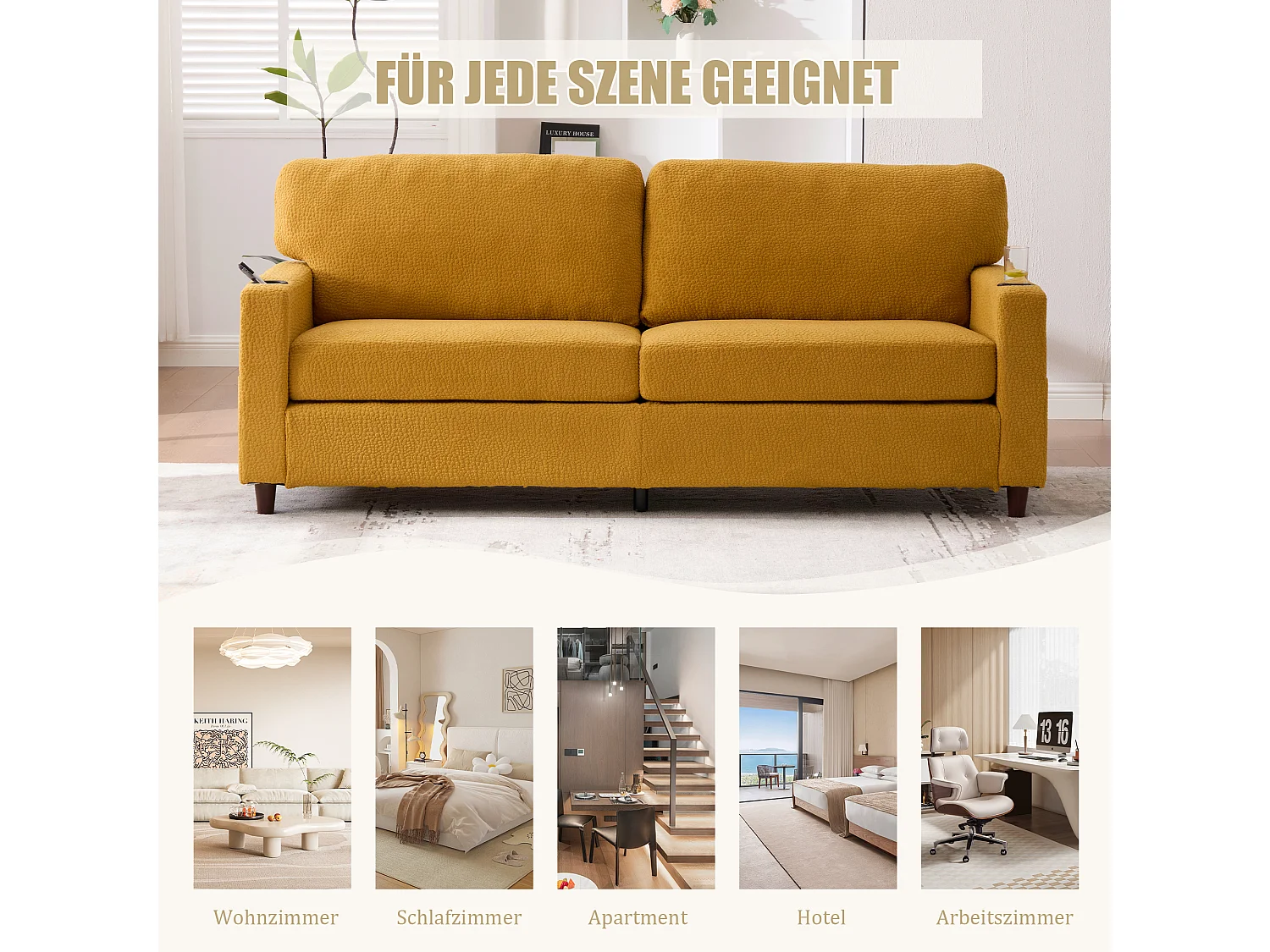 Canapé 2 places moderne - 203 x 77.5 x 85 cm - avec USB-C + Leds + porte-gobelets et poches latérales - velours - Jaune