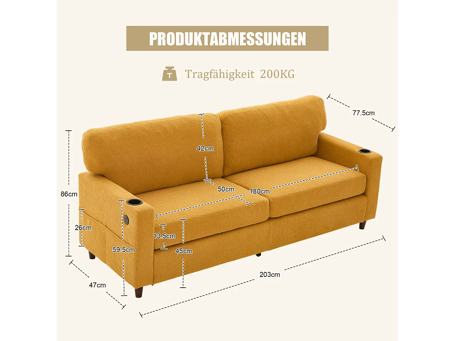 Modernes 2-Sitzer-Sofa – 203 x 77,5 x 85 cm – mit USB-C-Anschluss, LED-Beleuchtung, Getränkehaltern und Seitentaschen – Samt – Gelb