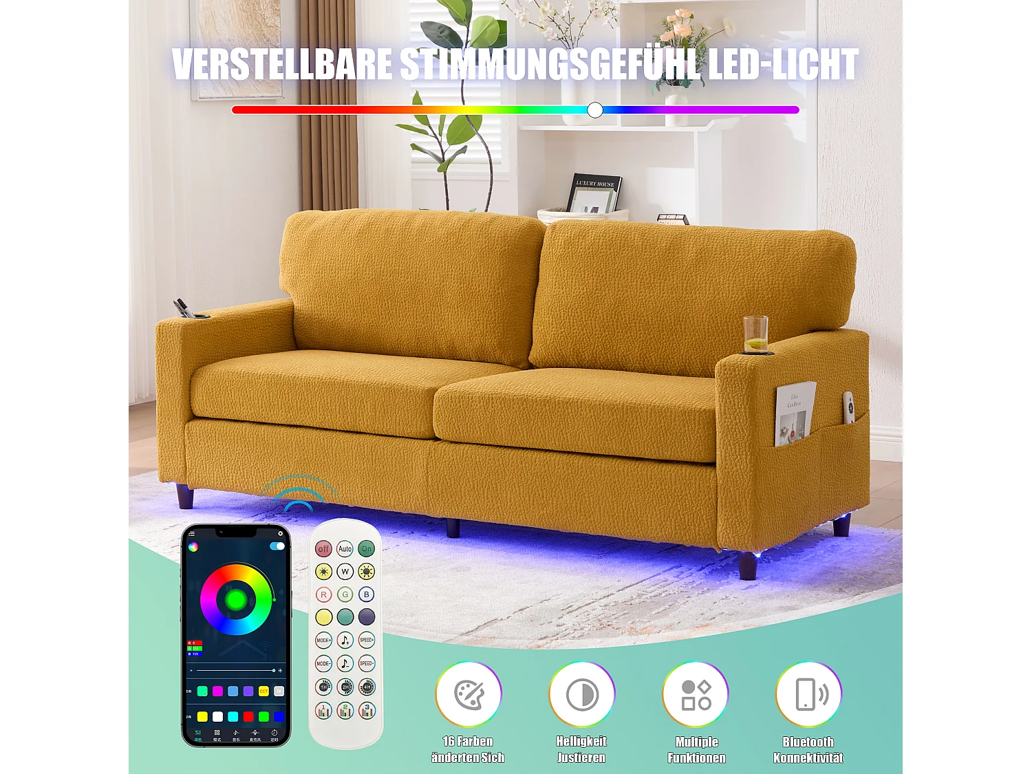 Modernes 2-Sitzer-Sofa – 203 x 77,5 x 85 cm – mit USB-C-Anschluss, LED-Beleuchtung, Getränkehaltern und Seitentaschen – Samt – Gelb